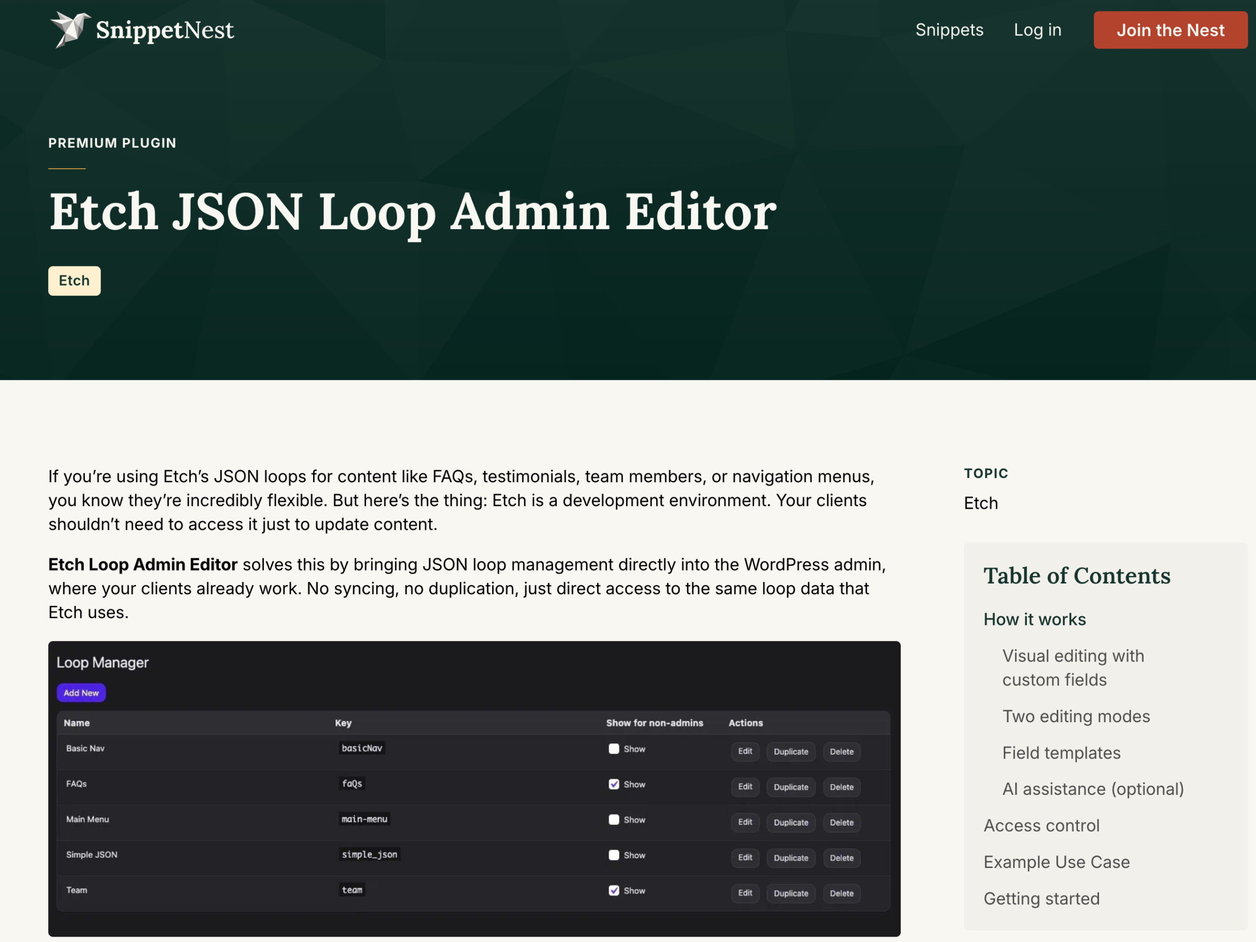 Home Page The Home Page of Etch Loop Admin Editor