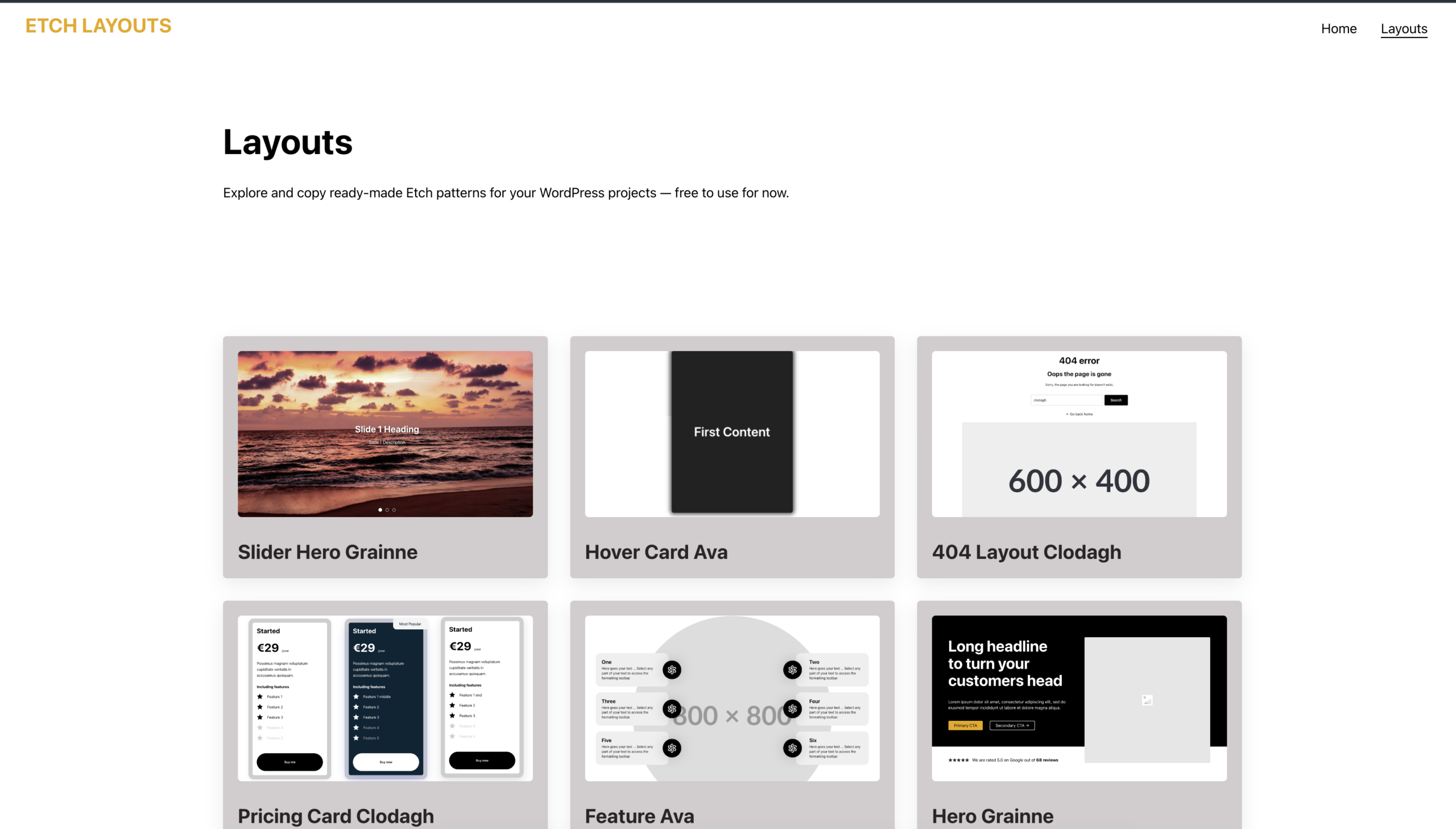 Home Page The Home Page of Etch Layouts